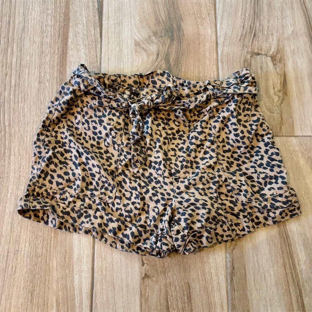 Aerie Camp Shorts Womens Size M Brown Leopard Print High Rise Tie Belt